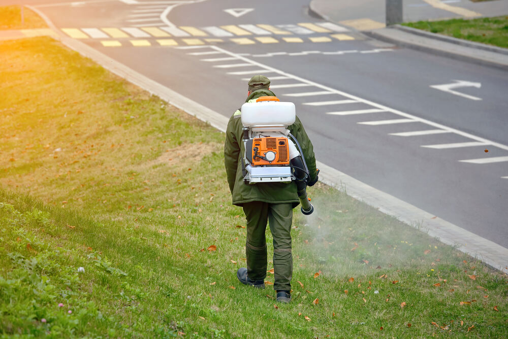 professional in green uniform spraying mosquito spray