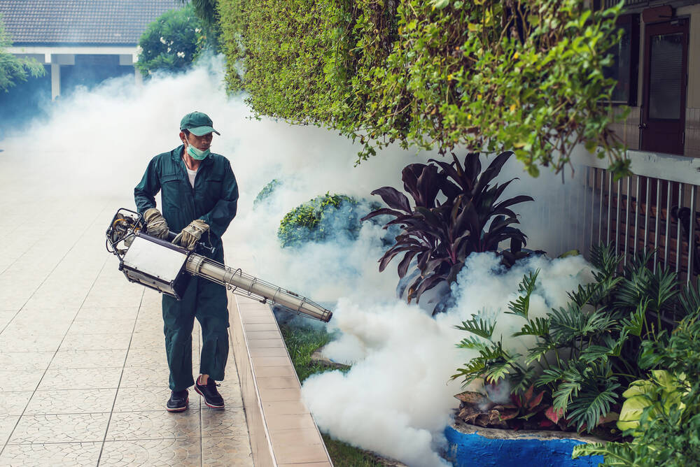 professional in blue uniform and mask spraying mosquito spray